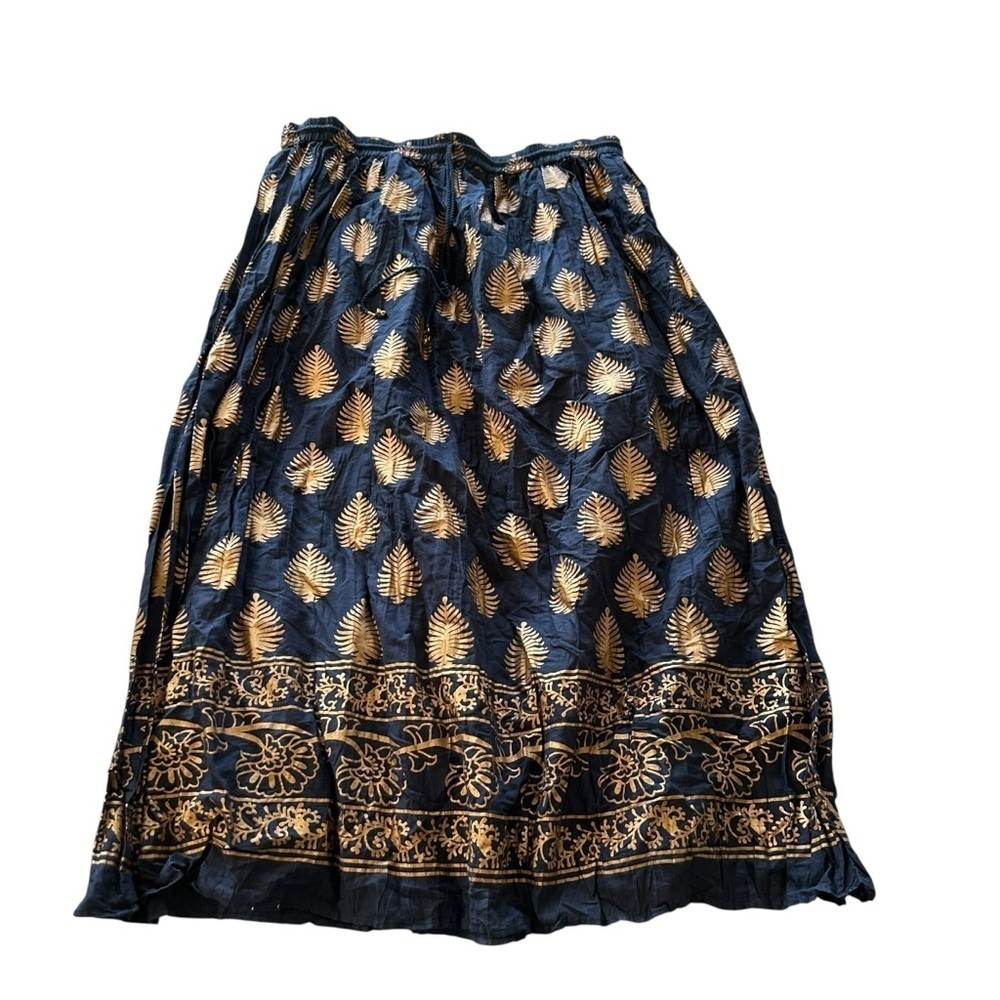 NY Collection Navy and Gold Leaf A-Line Skirt
